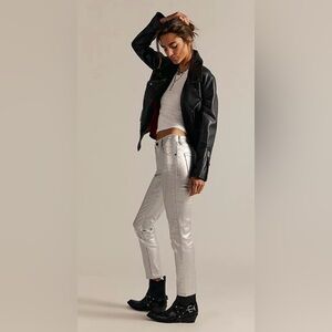 We The Free Oracle Metallic Low-Rise Slim Straight Jeans in Divine